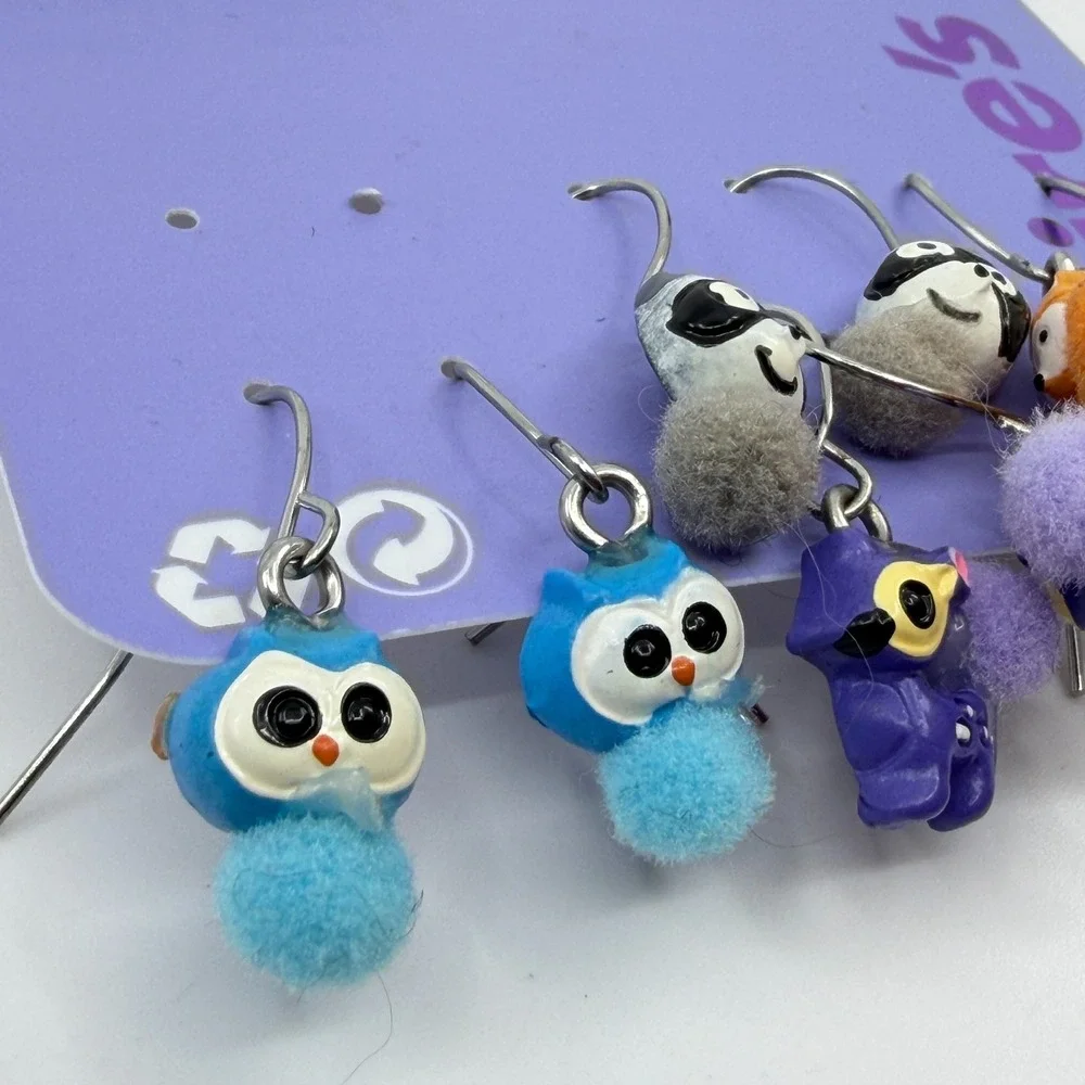 Claire's 6 Pair Animal Pom Pom Dangle Earrings Owl Bunny Fox Raccoon Cute Y2K